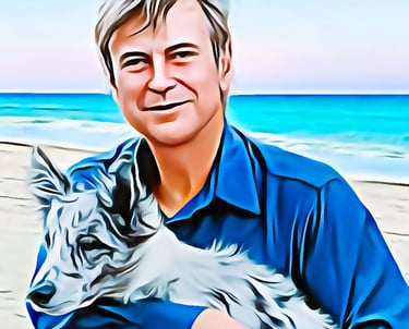 a woman sitting on a beach with a dog