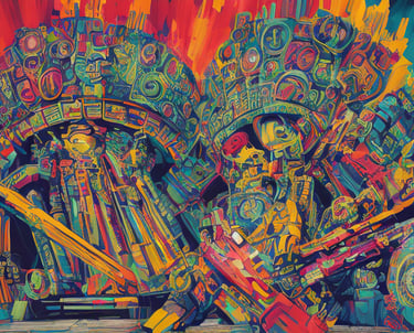a colorfully painted image of a large, ornately decorated truck