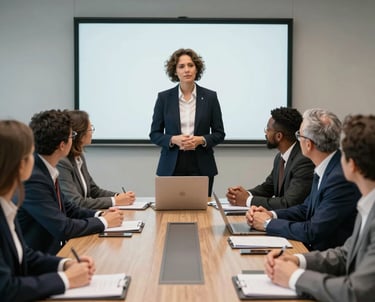 Executive presenting to a boardroom, illustrating the case study on AI agents and leadership trust