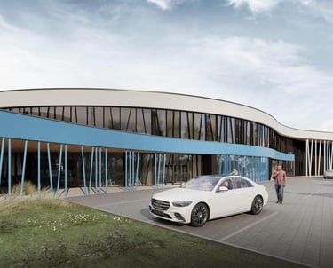 nowoczesna elewacja budynku centrum sportowego z turkusowymi elementami i szklaną ścianą kurtynową
