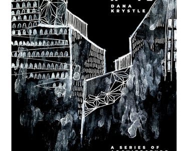 a black and white drawing of a city street scene