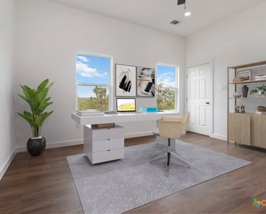 AI-staged home office with panoramic Hill Country views from windows 