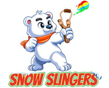 Cartoon polar bear wearing an orange scarf and firing a colorful paint ball from a slingshot.