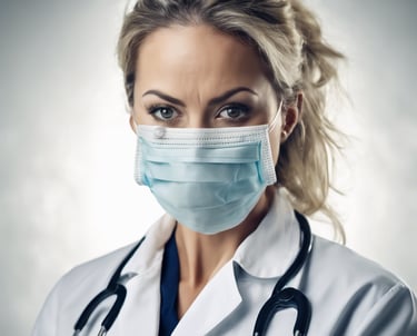 man in white scrub suit wearing green mask