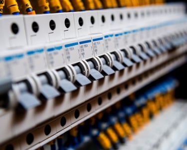 A row of miniature circuit breakers