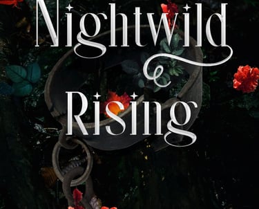 Book cover of Nightwild Rising. White text on a black background with a broken collar 