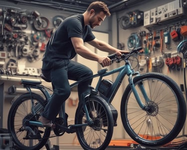 A skilled technician calibrating sensors on a sleek electric bike in a bright workshop.