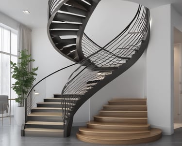 A winding spiral staircase viewed from an upward angle, highlighting concentric circles formed by the steps and railings. The structure features a mix of light and dark hues, creating an intriguing pattern.
