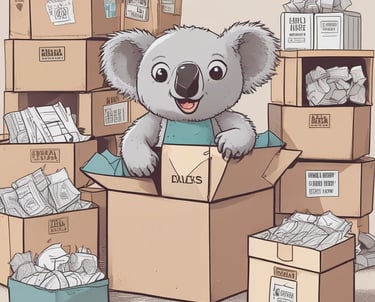 A rectangular cardboard box partially opened to reveal its contents, which include multiple paper-wrapped items. The box features a white label on top with text and a small design element.