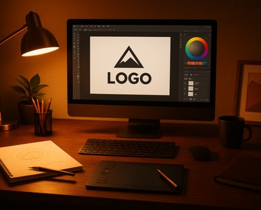 Bureau de travail d'un graphiste : l'ordinateur affiche Adobe illustrator : création de logo