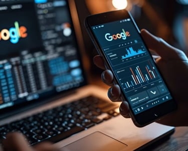 Un téléphone potable dans une main affiche google analitics