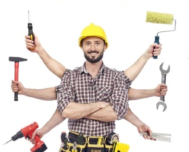 Handyman multitasking with multiple tools in London, including a hammer, screwdriver, wrench, and pa