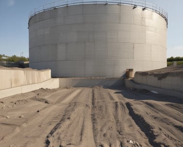 An industrial facility with a large metal structure featuring tall towers and connecting pipes. The building in the foreground is constructed from white-painted bricks and has a metal roof. Surrounding the area are trees and grass, while power lines stretch across the sky.