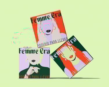 Vista general de los diferentes diseños de empaque de Femme Era, incluyendo cajas y bolsas, todos coherentes con la identidad