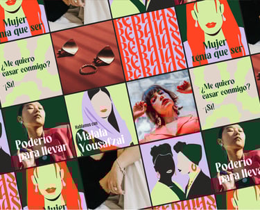 Collage de publicaciones en Instagram de Femme Era, mostrando la estética visual y mensajes feministas de la marca en redes s