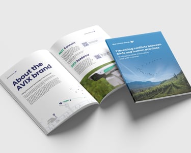 Diseño de folleto principal del producto de Bird Control Group, presentando información sobre los disuasores láser con gráfic