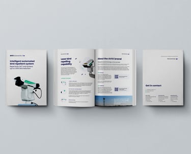 iseño de dossier principal del producto de Bird Control Group, presentando información sobre los disuasores láser con gráfico