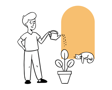 Ilustración de una persona regando plantas en su hogar, representando el estilo de vida sostenible promovido por Woodville.