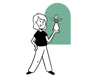 Ilustración de una persona con una planta en su hogar, representando el estilo de vida sostenible promovido por Woodville.
