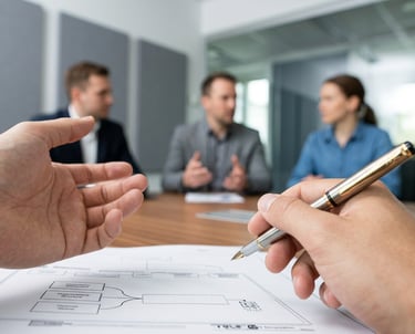 Professional business meeting showing hands reviewing an organizational chart on a desk.