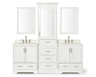 Cabinet, Quartz Vanity Top, Framed Mirrors, and Medicine Cabinet