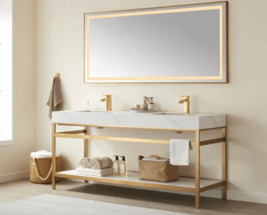 "Luxury bathroom vanity with dual sinks and backlit mirrors in Lakewood Ranch master bath remodel"