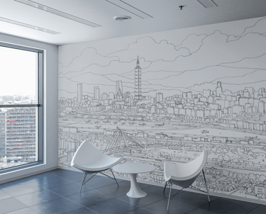 Panoramic cityscape mural featuring Taipei skyline with Taipei 101, by Gene Bond