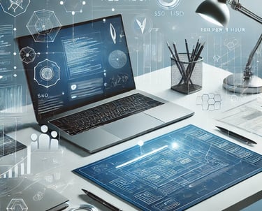 "Escritorio con laptop y tableta mostrando diseño web personalizado con elementos técnicos y futuris