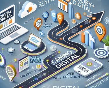 "Ilustración conceptual de un camino digital con elementos de desarrollo web y tecnología innovadora