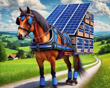 A horse pulling a mobile solar generator, illustrating sustainable delivery transportation.