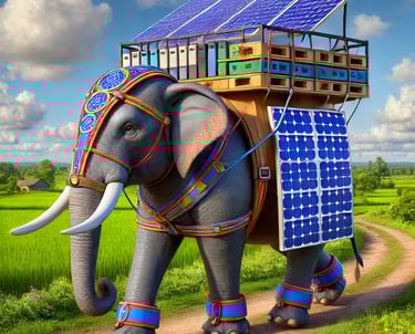 A horse carrying a solar panel array on its back, representing renewable energy shipping.