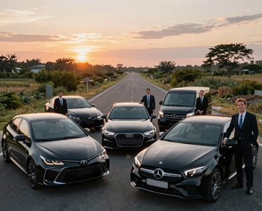 A sleek executive car parked outside a modern airport terminal at sunset.