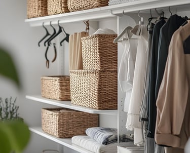 Dressing organisé avec des paniers et des vêtements sur cintre