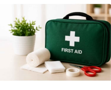 Green First aid kit on tabletop setting with scissors and bandages