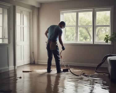 A technician inspecting water damage in a residential basement.