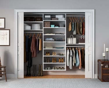 reach-in closet with everything organized including purses, clothes