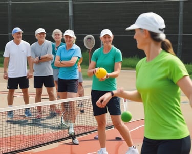 A person holding a blue paddle and a yellow pickleball over a tennis court's net. The court surface is orange clay, and there is greenery in the background.