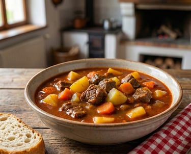 Plato de goulash tradicional servido en un cuenco rústico, con carne tierna, patatas y zanahorias