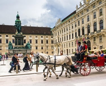 Carruaje tradicional de caballos (Fiaker) frente al monumento a Francisco I en el Palacio de Hofburg