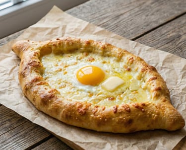Khachapuri georgiano servido en Zeppen House Bratislava, un pan artesanal relleno de queso con huevo