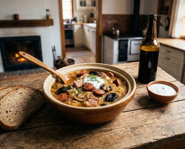 Cuenco de kapustnica eslovaca con col fermentada, embutidos, carne ahumada y crema agria, servido ju