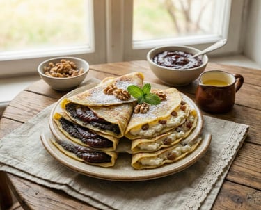 Plato de palacinky eslovacas rellenas de queso dulce, pasas y crema de amapola, decoradas con nueces