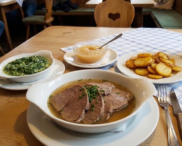 Mesa rústica con carne de buey en caldo (Tafelspitz) acompañada de espinacas, patatas doradas