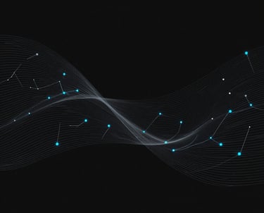 A sleek dark-themed graphic showing two columns with minimalistic icons representing AI workflows and system integration.