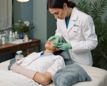 A person lies on a padded table with atop, having a beauty or acupuncture treatment. Another person in gloves is delicately performing the treatment, concentrating on the forehead area. The setting is calm, with a textured rug beneath the table and a soft pillow for comfort.