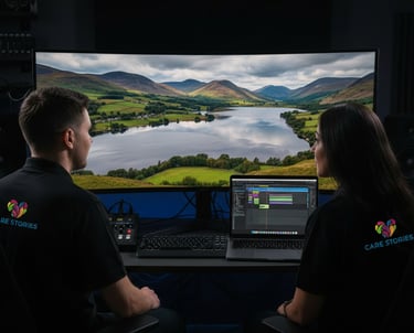 The Care Stories editing suite, two editors working on a video for a social care provider