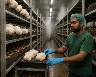 Inspecting a tray of Lion’s Mane mushrooms on a metal shelf.