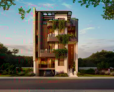 Render final de Casa 43 con fachada moderna y vegetación vertical.