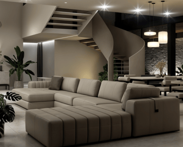 Sala con sofá en L y escalera curva escultórica.
