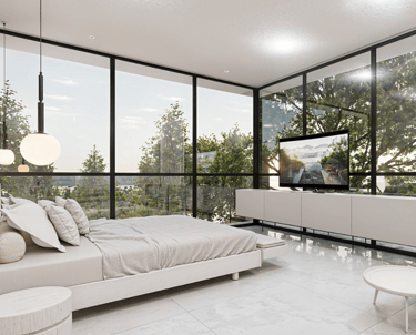 Dormitorio moderno con ventanales y vista al jardín.
